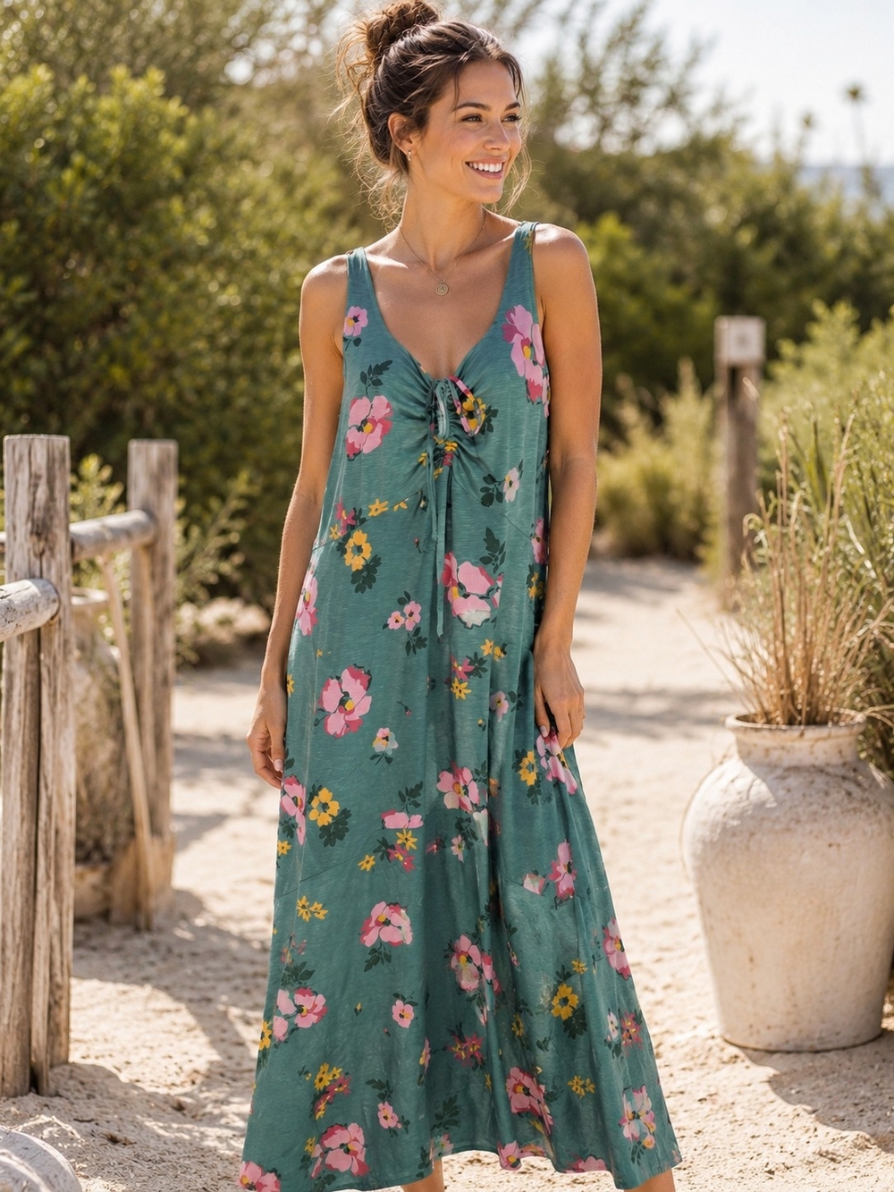 Toad&Co Floral Maxi Dress Medium Teal Sleeveless Tie Front Boho Casual